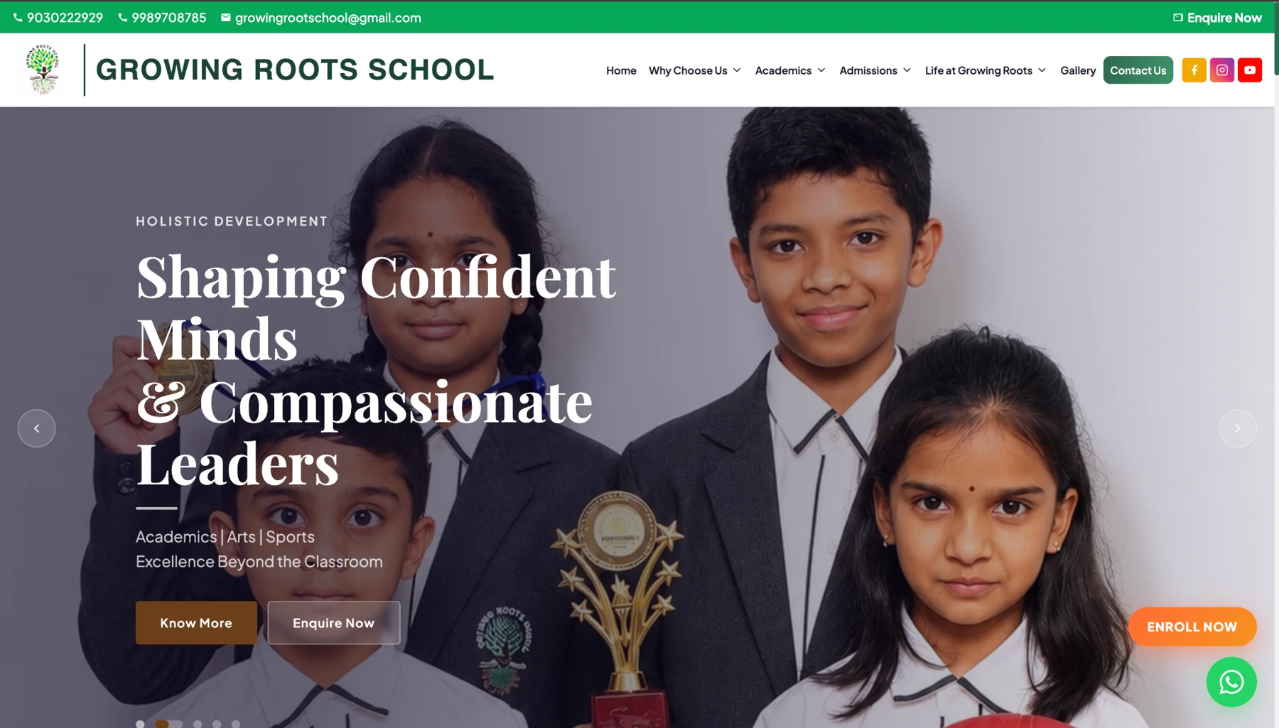Growing Roots School website with school navigation and student achievements